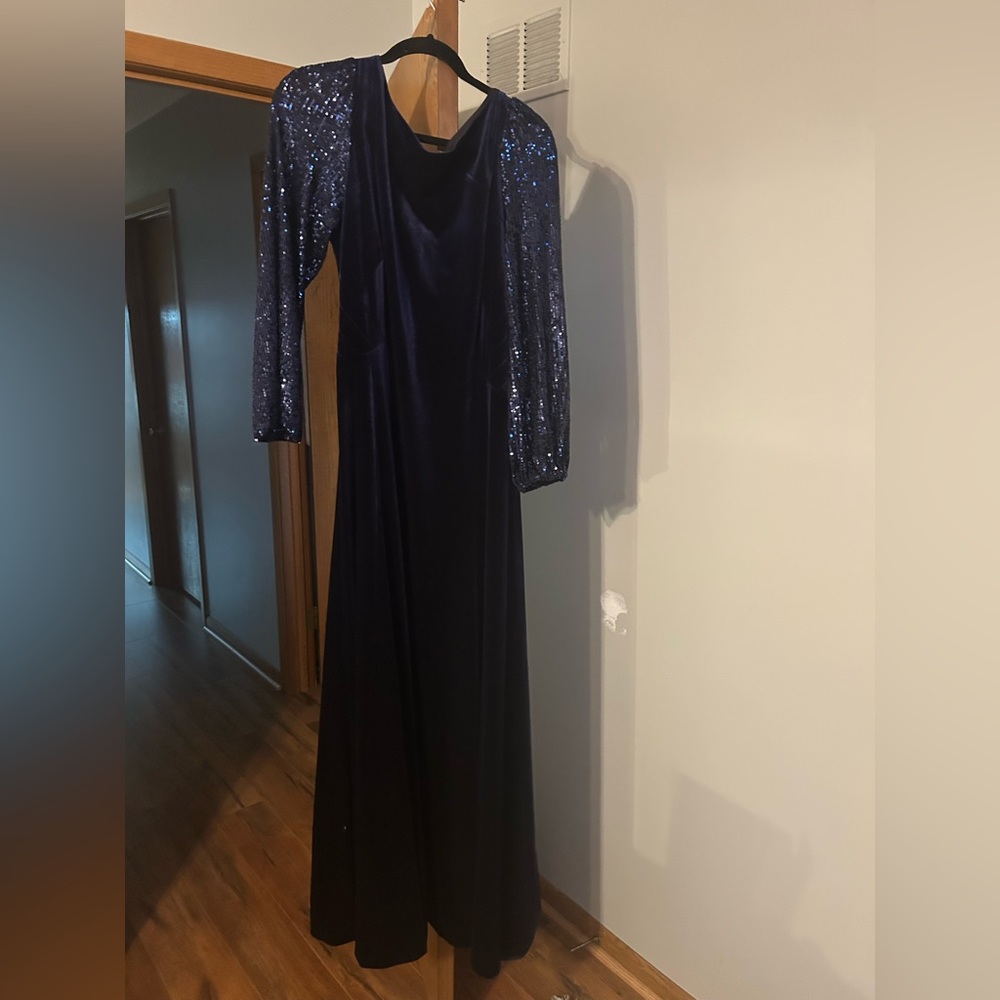 Beautiful velvet navy blue dress with sequins on sleeves   Worn once